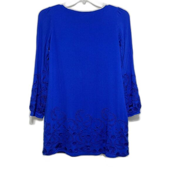 Honey Punch Shift Dress Blue Career Work Long Sleeves Modest Embroidery sz Small - Picture 8 of 8